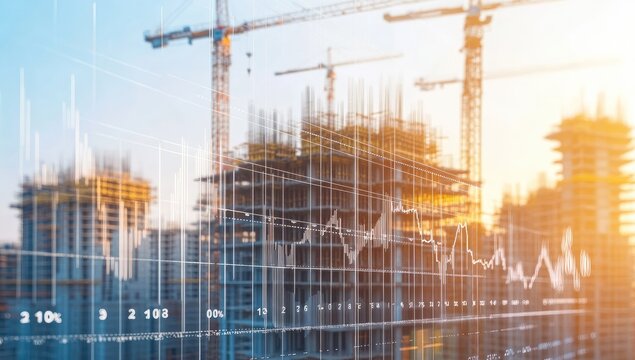 Construction site with financial data overlaid