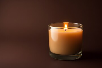 Lit candle in glass jar, dark background, relaxation, spa