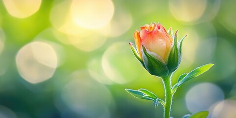 Delicate orange rosebud against a soft green and yellow bokeh background, featuring gentle light highlighting its petals and leaves.
