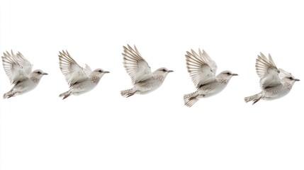 Fototapeta premium Five birds in flight, white background, motion sequence, wildlife photography