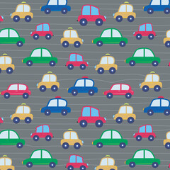 a seamless, trend pattern of cars. Transport background for children. A template with doodles of toy cars, road signs. for print, paper, banner. art vector illustration.