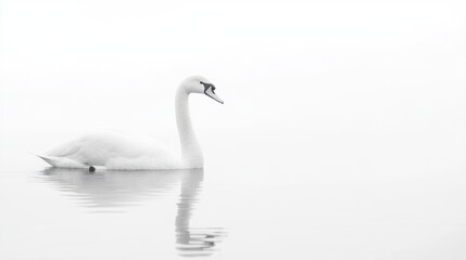 Obraz premium Solitary swan swimming misty lake, serene reflection, nature background, peaceful card