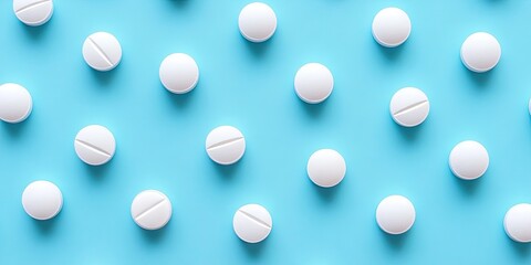 White round tablets evenly spaced on a vibrant blue background, creating a modern and minimalist pharmaceutical aesthetic, ideal for medical themes.