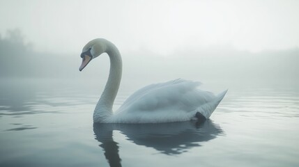 Obraz premium Majestic swan swimming foggy lake, serene nature scene, peaceful wallpaper