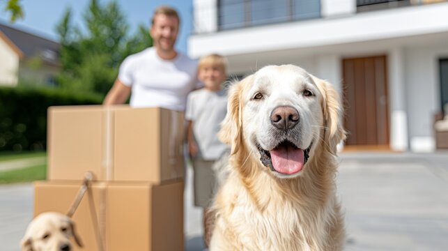Transfer Day. Happy golden retriever with family moving into a new home.