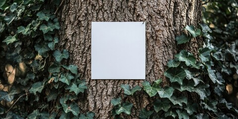Empty white square sheet of paper pinned on a large tree trunk surrounded by lush green ivy with ample copy space for your design needs.