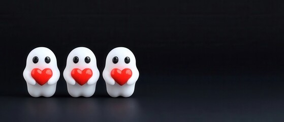 Three cute ghost figures holding hearts on a dark background, perfect for Halloween themes.