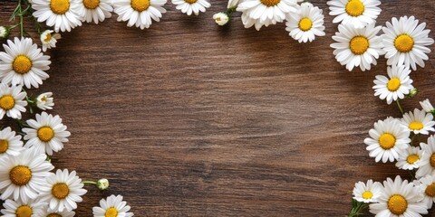 Obraz premium Fresh white daisies with yellow centers arranged in a circular loop on a textured brown wooden surface, creating a natural frame effect.