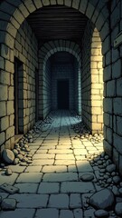 Illustration of an empty ancient crypt, the corridor is damp and dark