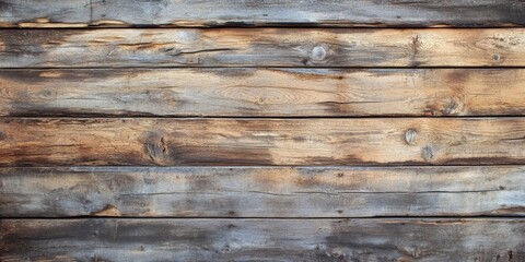 Fototapeta premium Rustic wooden backdrop with weathered gray and brown tones, featuring horizontal planks with visible knots and an aged texture, ideal for photography.