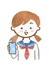 笑顔でスマホの画面をこちらに見せている、セーラー服を着た中高生女子の上半身イラスト
