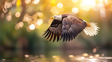 Fototapeta premium Majestic Bald Eagle Soaring Gracefully in Sunlit Sky