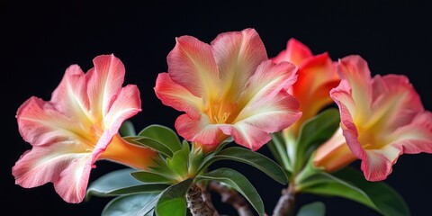 Vibrant cluster of Adenium multiflorum in shades of pink and yellow on dark background showcasing intricate petal details and lush green leaves