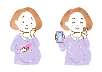 携帯電話を持っている妊婦さんの表情2種セット