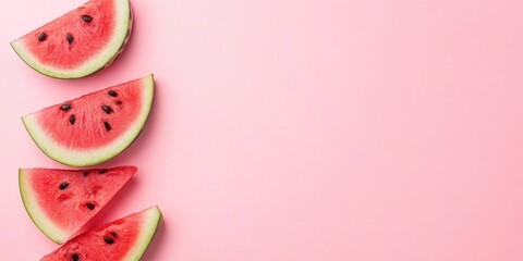 Fresh watermelon slices in a diagonal arrangement on a soft pastel pink background, offering ample negative space for minimalist design elements.