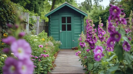 Charming green cottage surrounded by vibrant garden blooms