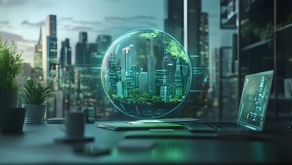 Holographic city globe on office desk, modern cityscape background