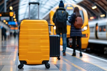Fototapeta premium Transfer Day. Travelers at a train station waiting for their departure in winter clothing.