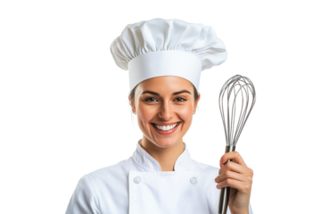 Smiling female chef in professional white uniform and hat isolated on white or transparent, PNG