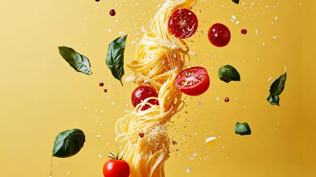 Flying spaghetti with cherry tomatoes, basil, and cheese on yellow background