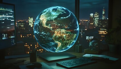 Holographic Earth displayed over city desk
