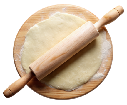 Rolling pin and pizza dough on a board on a transparent background