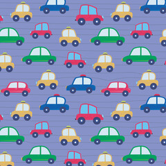 Fototapeta premium a seamless, trend pattern of cars. Transport background for children. A template with doodles of toy cars, road signs. for print, paper, banner. art vector illustration.