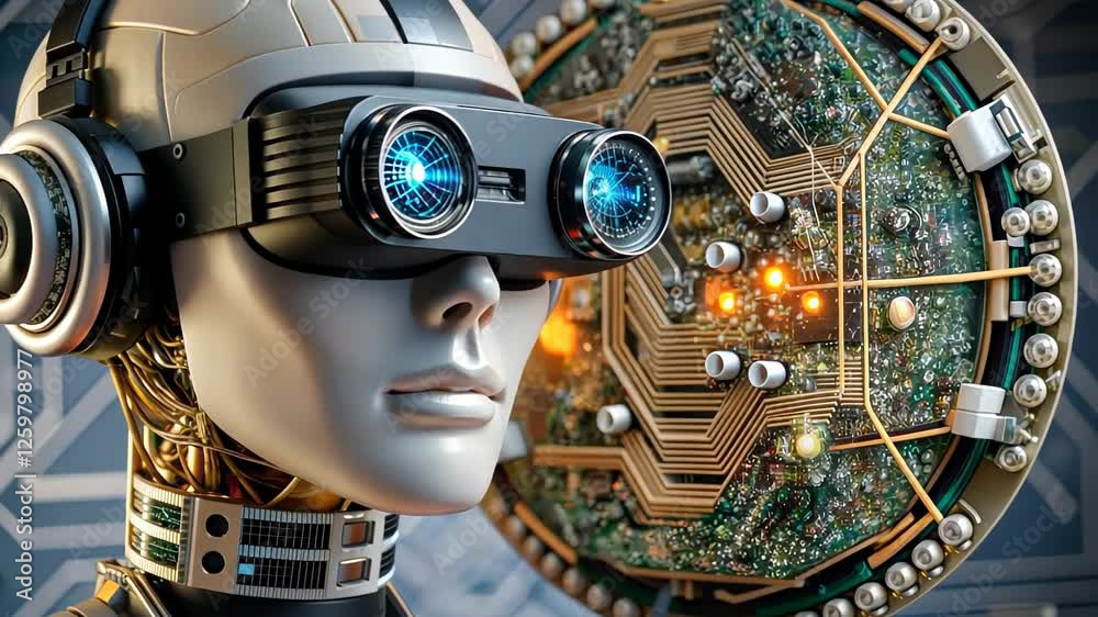 Poster exploring the future of technology with a robotic figure wearing advanced virtual reality goggles in