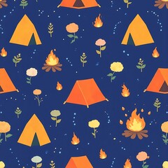 Camping Tents Bonfire Night Seamless Pattern Design