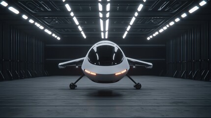 Fototapeta premium VTOL aircraft concept. A futuristic aircraft is positioned in a dimly lit hangar, showcasing sleek design and advanced technology under bright overhead lights.