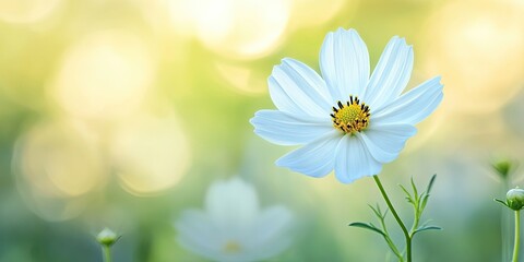 Delicate white wildflower in soft focus against a warm green and yellow blurred background with gentle bokeh and lush greenery accents