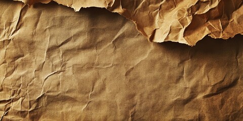 Crumpled brown paper texture with warm earthy tones showcasing intricate folds and shadows in the upper left corner against a flat surface.