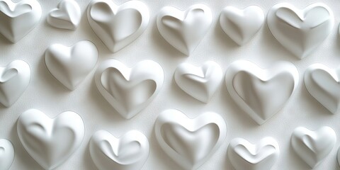 White 3D styrofoam hearts arranged in a grid on a white styrofoam sheet creating a soft textured background ideal for Valentine's Day decorations