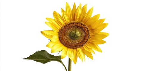 Fototapeta premium Bright yellow sunflower with detailed center and green leaves positioned on the left against a white background creating a vibrant and fresh aesthetic.