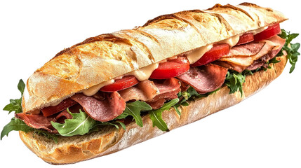 Freshly Made Delicious Sandwich with Ham Tomatoes and Arugula on White Background