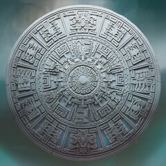 Obraz premium Intricate Circular Stone Carving with Mayan Style Ancient Glyphs and Geometric Patterns