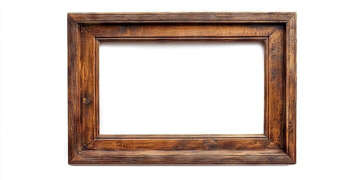 Rustic wooden picture frame with a weathered finish on a white background, featuring a rectangular shape and detailed outer border.