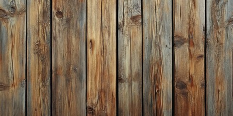 Fototapeta premium Rustic wooden planks background featuring varied tones of brown and gray with visible knots, arranged vertically for a textured finish.