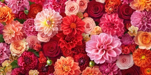 Vibrant floral background showcasing a colorful arrangement of roses, dahlias, and carnations in shades of red, pink, and peach, filling the frame.