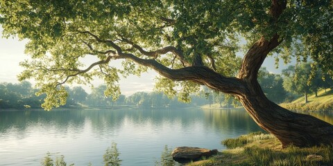 Serene landscape featuring a large, gnarled tree with lush green leaves, reflected in calm water, with gentle sunlight illuminating the scene.