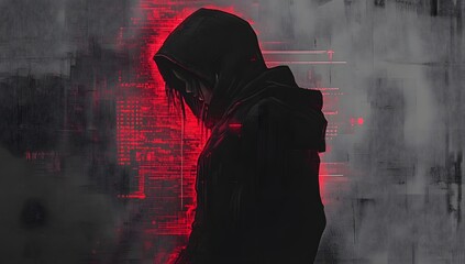 Hooded figure, urban setting, digital interface, mystery
