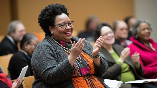 Cheerful Woman Smiling and Applauding at a Multicultural Event in a Community Hall