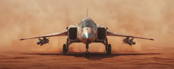Fototapeta premium VTOL aircraft concept. A military jet stands ready on a dusty terrain, showcasing its powerful design and capabilities against a backdrop of swirling sand.