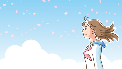桜が風に舞う中で佇むセーラー服の女子学生の横顔