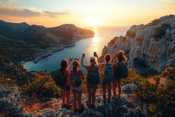 A group of female tourists take pictures of the sunset over the sea on their smartphones while standing on top of a cliff.