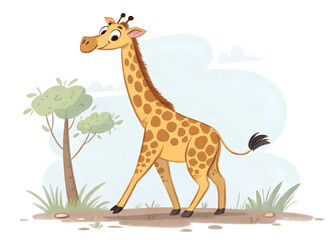 Fototapeta premium The illustration shows a giraffe in a grassy meadow, with a tree behind it. 