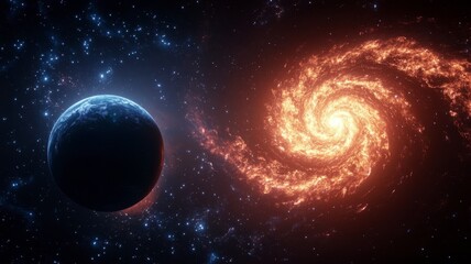 Obraz premium Astronomy planets theories concept. A vibrant cosmic scene featuring a dark planet beside a swirling orange galaxy against a backdrop of stars.