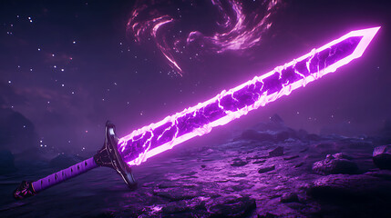 Glowing Purple Pixel Art Sword in Cosmic Landscape