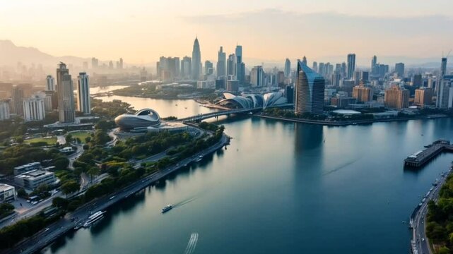 Aerial view of modern city skyline with river reflecting morning sunlight. Urban beauty.