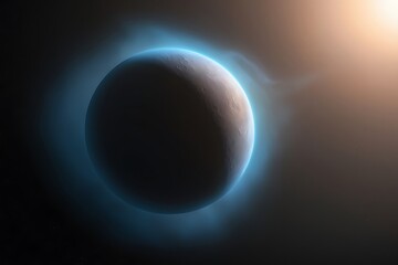 breathtaking view of Pluto from space, with its thin atmosphere glowing under distant sunlight